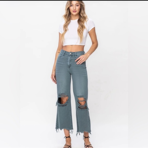 NWT Vervet Leslie 90’s Vintage Flare Distressed Jeans Women’s Size 31 Green - Picture 2 of 11